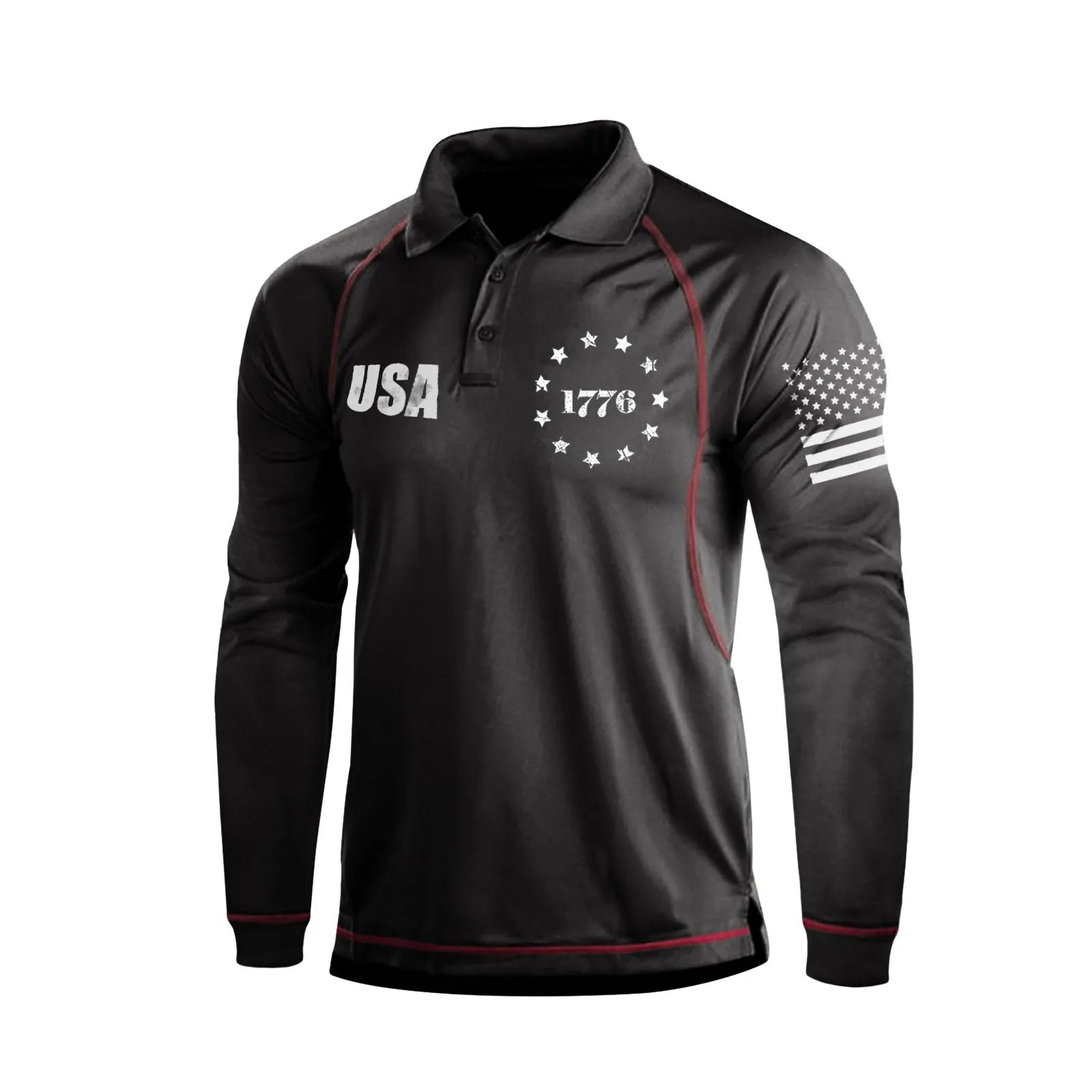 1776 USA FLAG RAGLAN GRAPHIC LONG SLEEVE POLO SHIRT