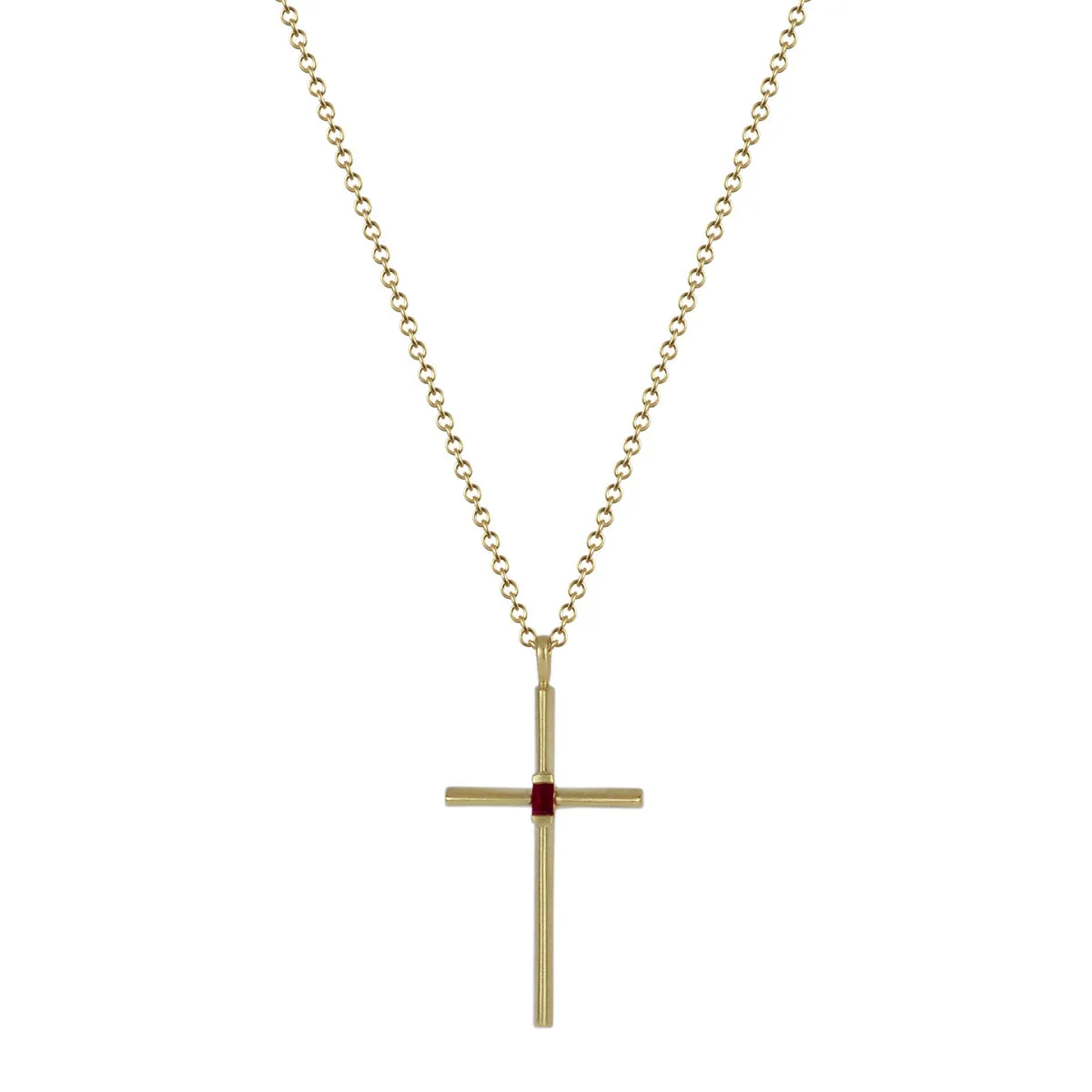 18K Gold Fine Cross Pendant with Baguette Ruby