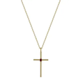 18K Gold Fine Cross Pendant with Baguette Ruby