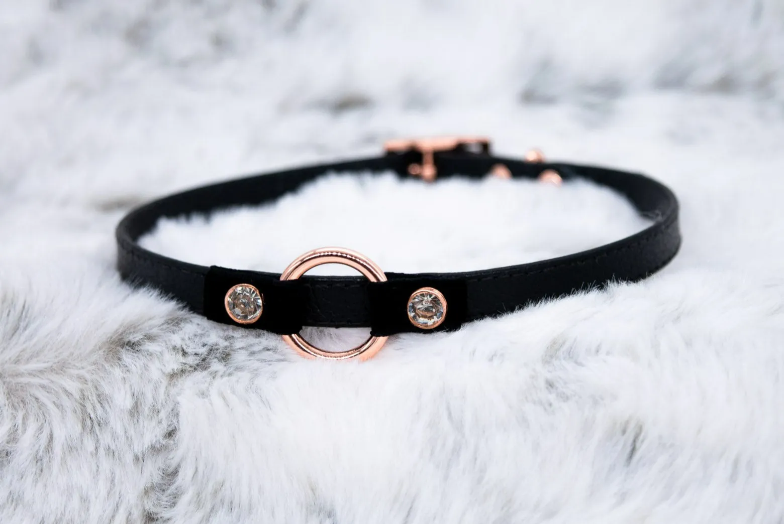 3/8" O-ring Black Leather and Velvet Collar in Rose Gold