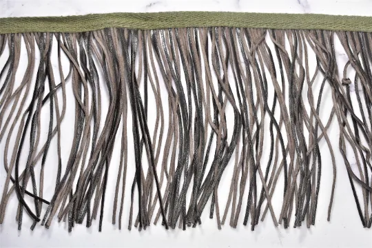 6.25" Faux Leather Fringe Trim | Black and Gray Fringe Trim | Ultra Suede Leather Fringe Trim | Fringe Trim By The Yard