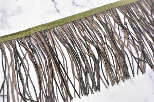 6.25" Faux Leather Fringe Trim | Black and Gray Fringe Trim | Ultra Suede Leather Fringe Trim | Fringe Trim By The Yard