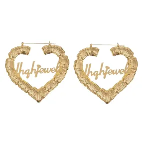 Bamboo Heart Custom Name Hoop Earrings