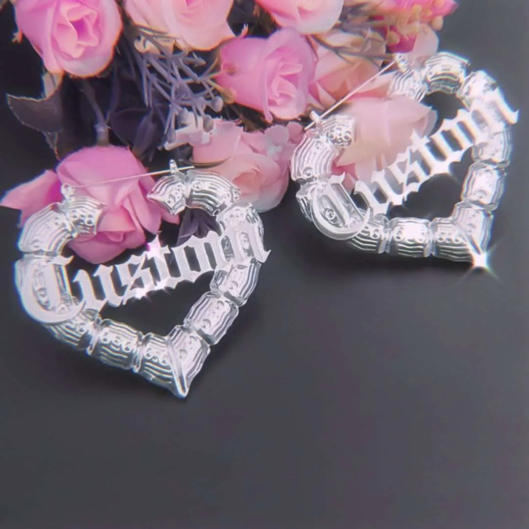 Bamboo Heart Custom Name Hoop Earrings