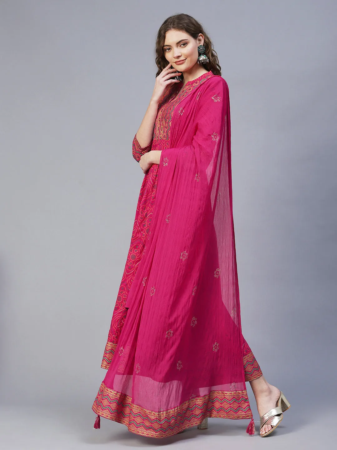 Bandhani Printed & Embroidered Anarkali Maxi Dress with Dupatta - Rani Pink