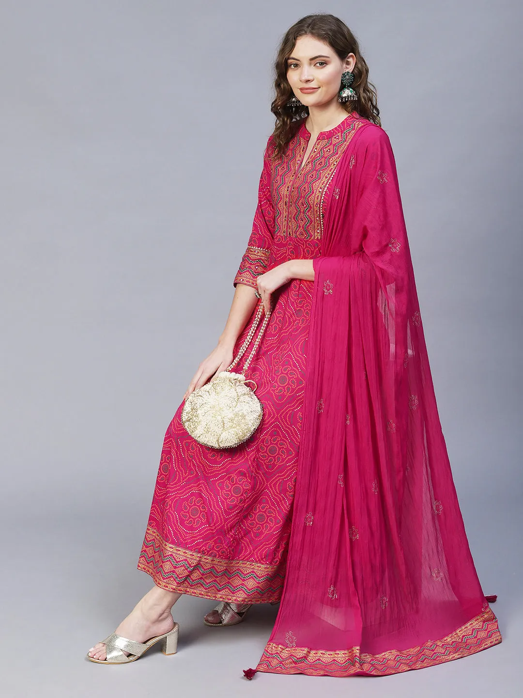 Bandhani Printed & Embroidered Anarkali Maxi Dress with Dupatta - Rani Pink