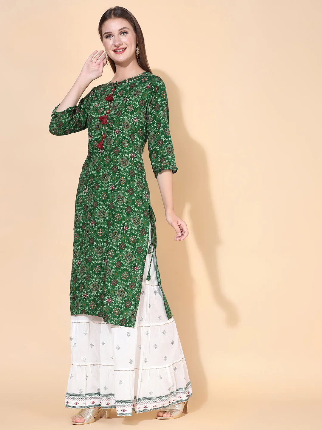 Bandhani Printed & Embroidered Kurta with Palazzo & Dupatta – Dark Green