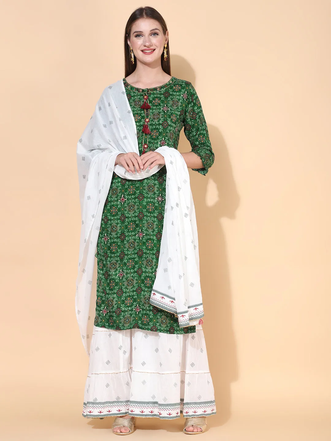 Bandhani Printed & Embroidered Kurta with Palazzo & Dupatta – Dark Green