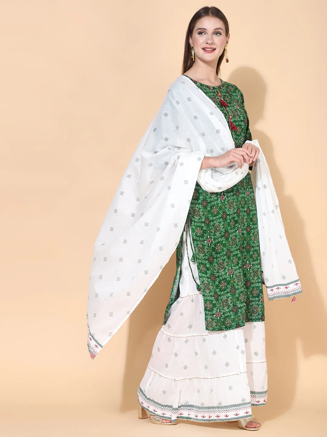 Bandhani Printed & Embroidered Kurta with Palazzo & Dupatta – Dark Green