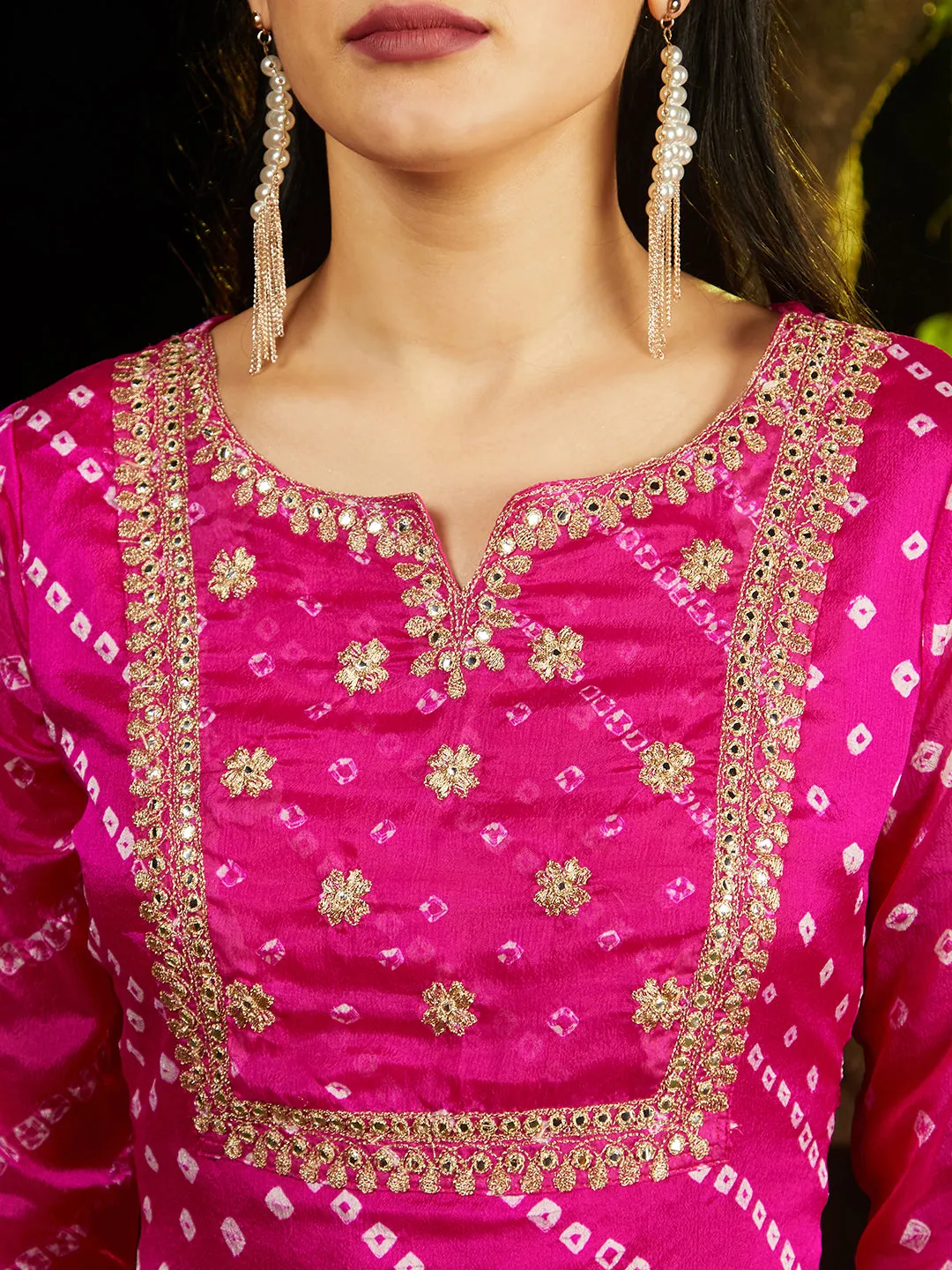 Bandhani Printed & Embroidered Straight Kurta with Pant & Dupatta - Rani Pink