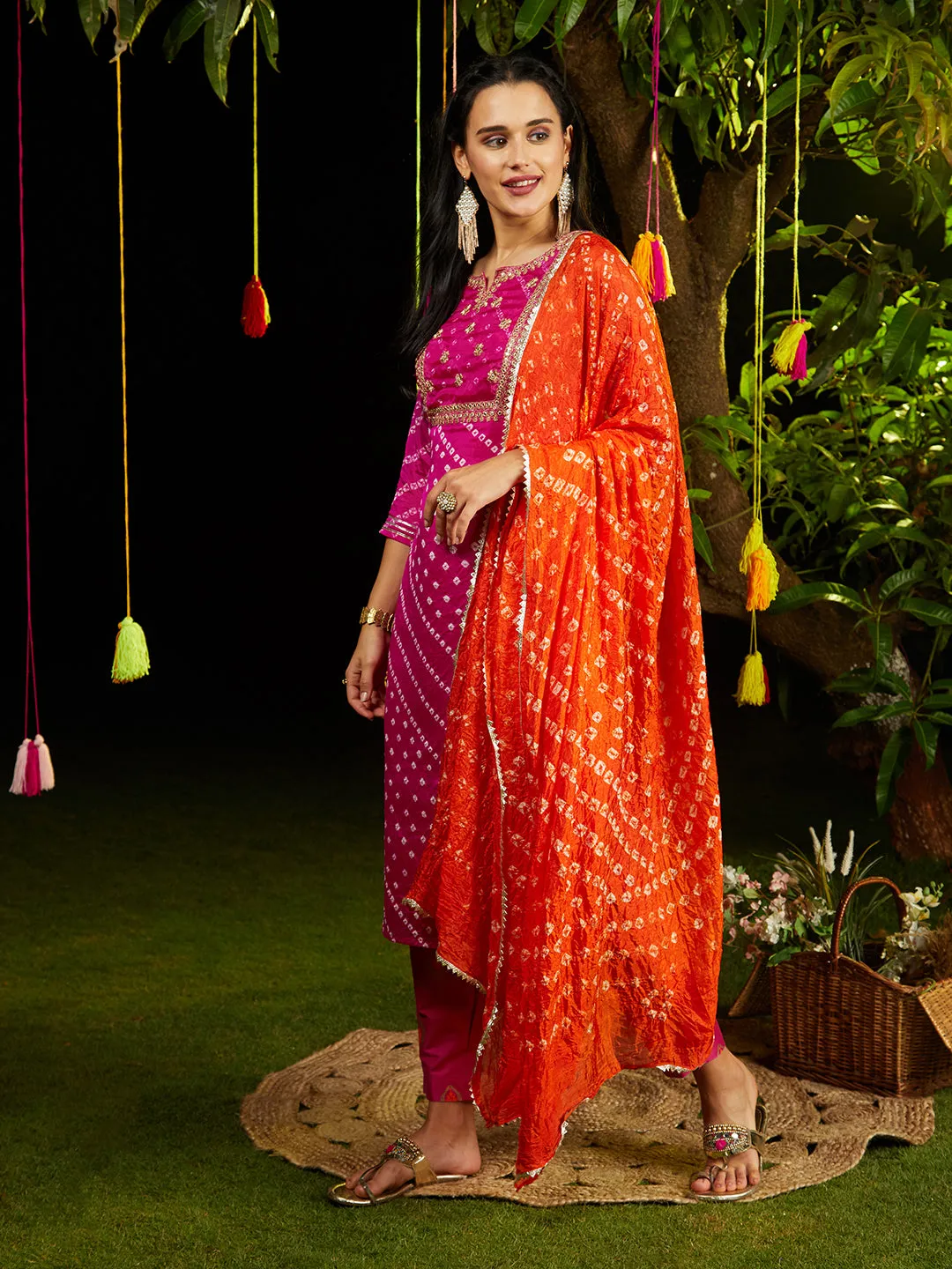 Bandhani Printed & Embroidered Straight Kurta with Pant & Dupatta - Rani Pink