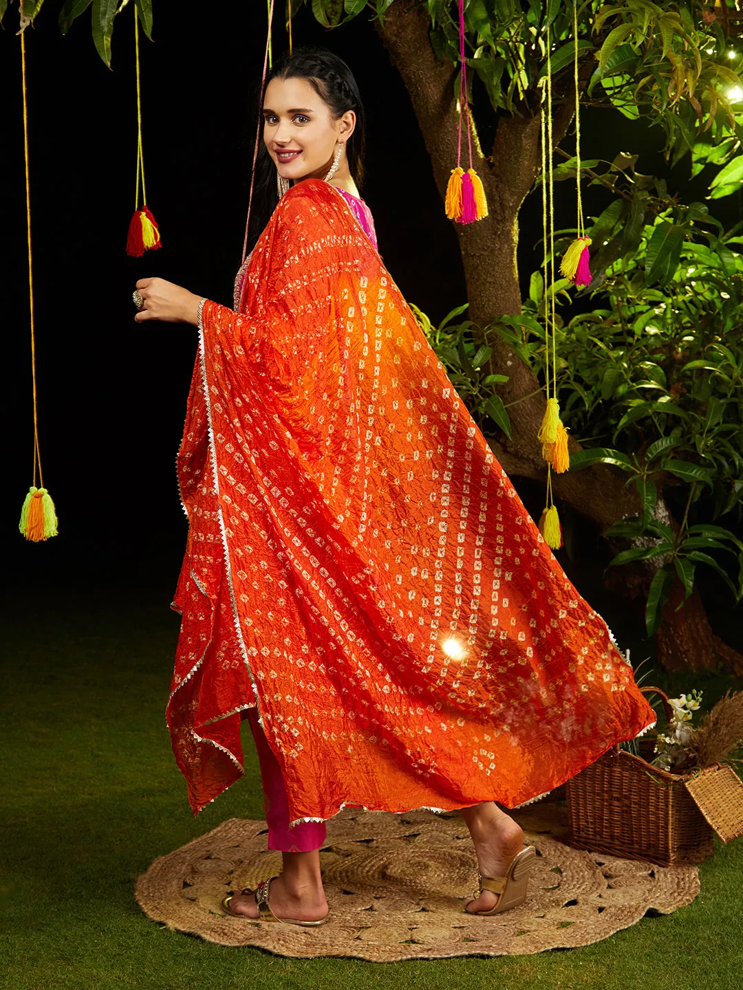 Bandhani Printed & Embroidered Straight Kurta with Pant & Dupatta - Rani Pink