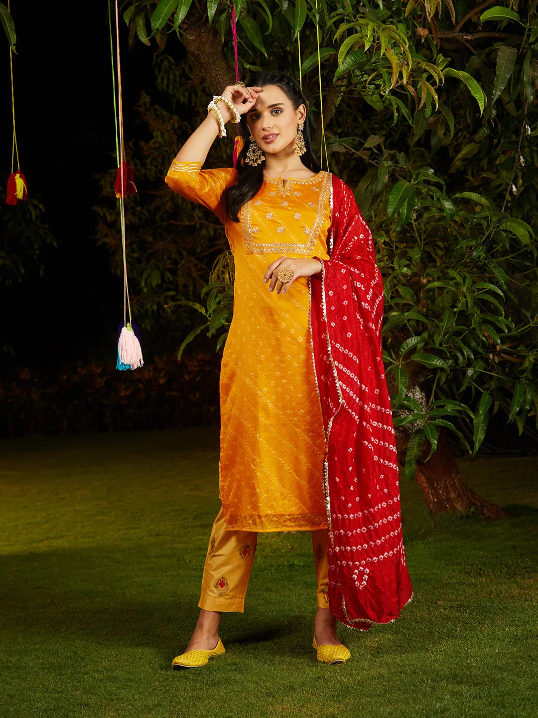 Bandhani Printed & Embroidered Straight Kurta with Pant & Dupatta - Yellow