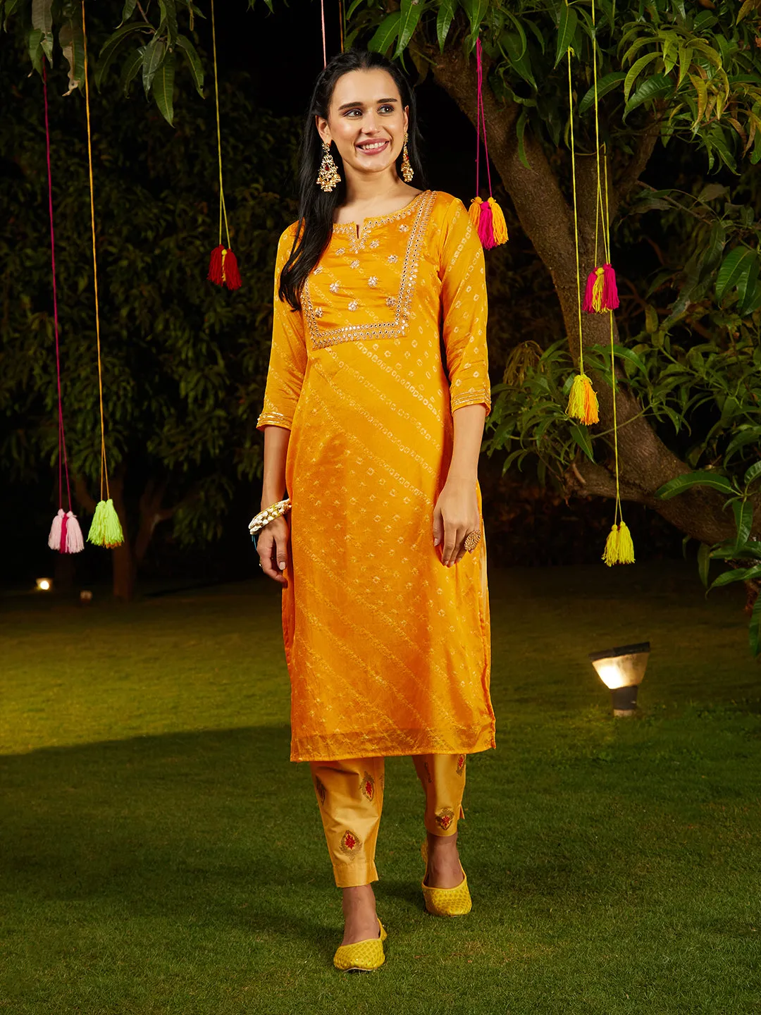 Bandhani Printed & Embroidered Straight Kurta with Pant & Dupatta - Yellow