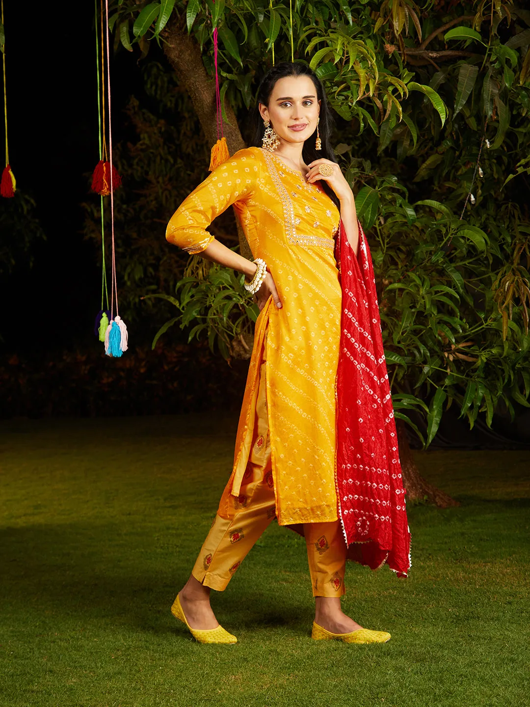 Bandhani Printed & Embroidered Straight Kurta with Pant & Dupatta - Yellow