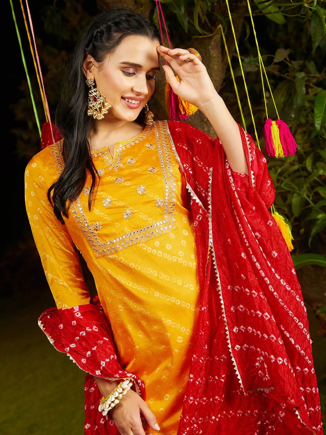 Bandhani Printed & Embroidered Straight Kurta with Pant & Dupatta - Yellow