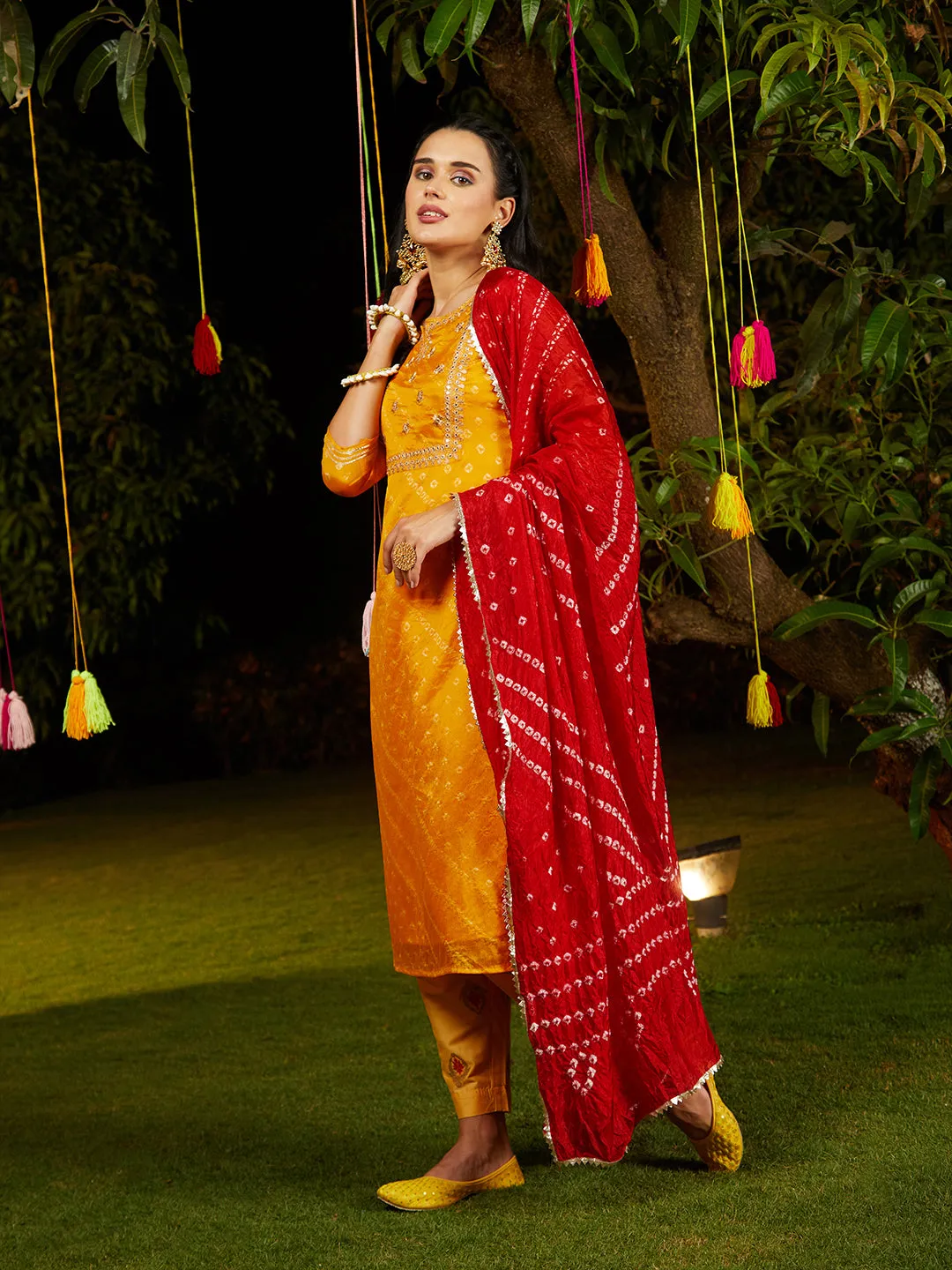 Bandhani Printed & Embroidered Straight Kurta with Pant & Dupatta - Yellow