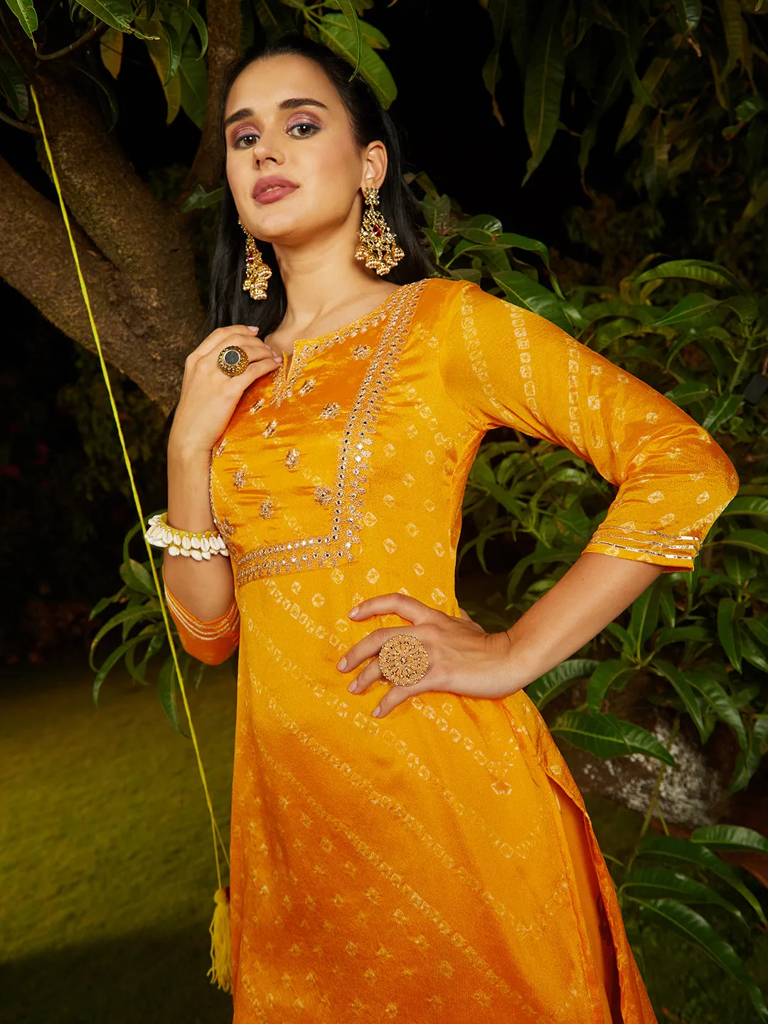 Bandhani Printed & Embroidered Straight Kurta with Pant & Dupatta - Yellow