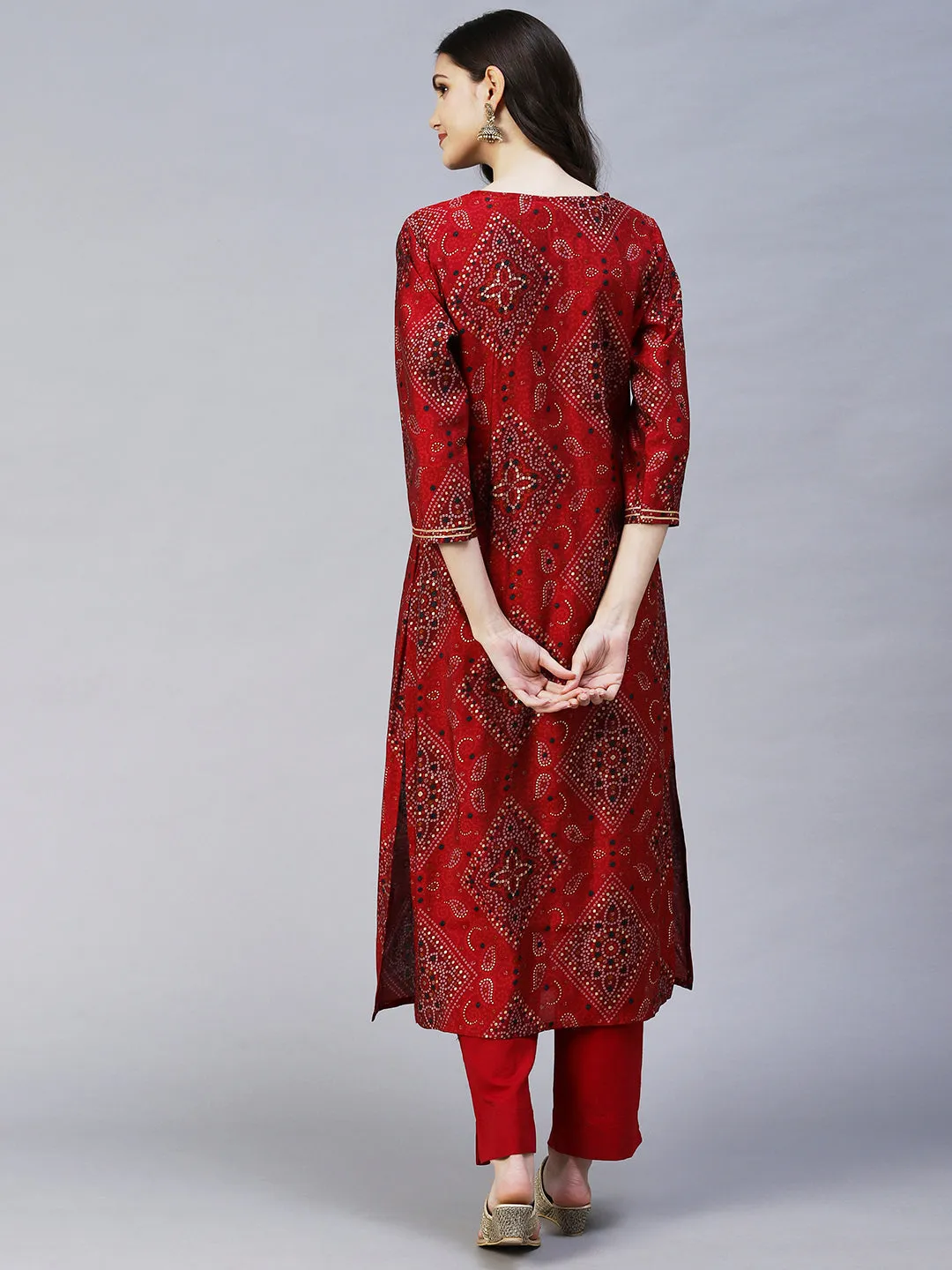 Bandhani Printed Straight Fit Kurta with Pant - Maroon