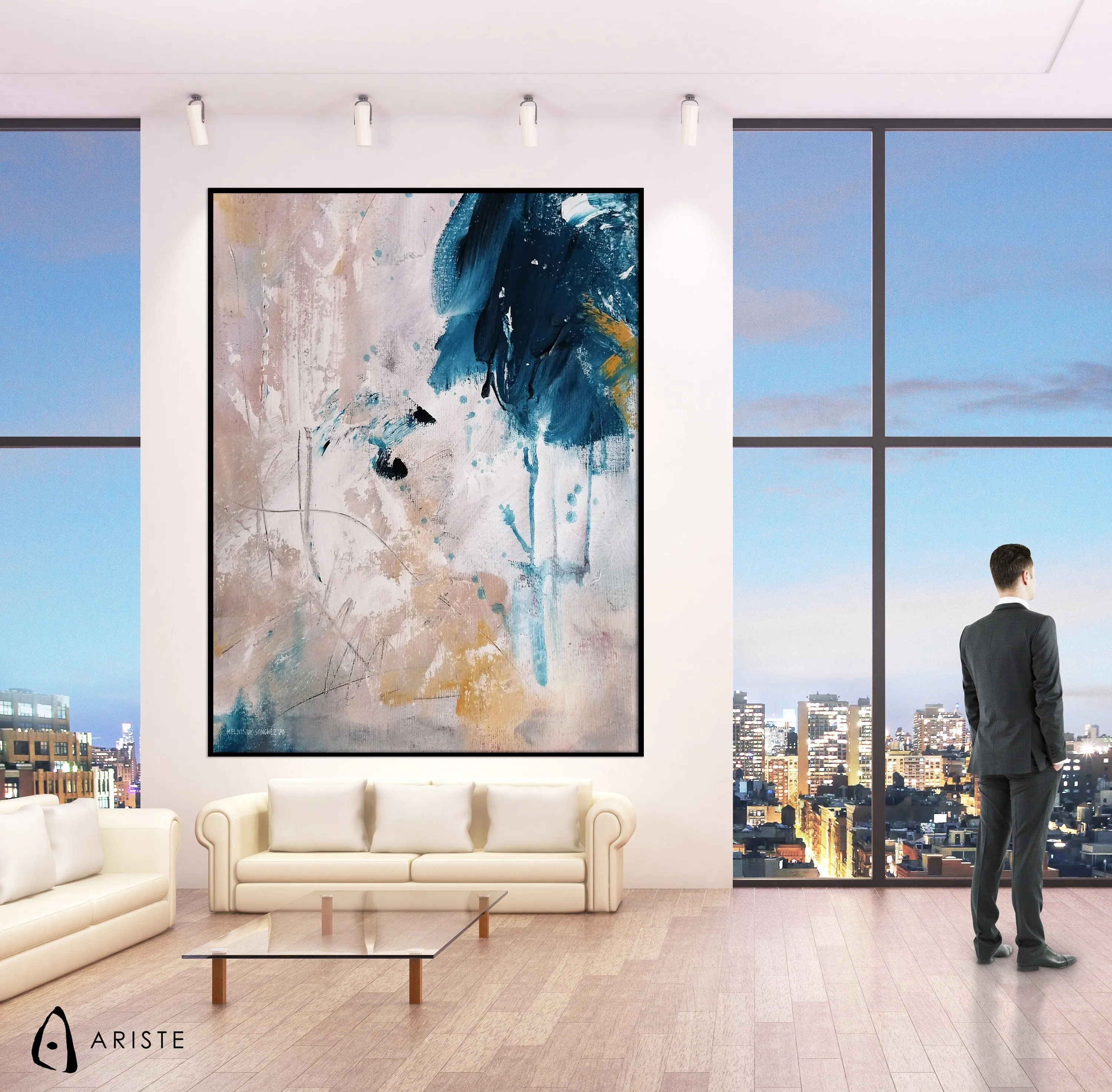 Beige & dark blue large canvas art made to order in a custom size