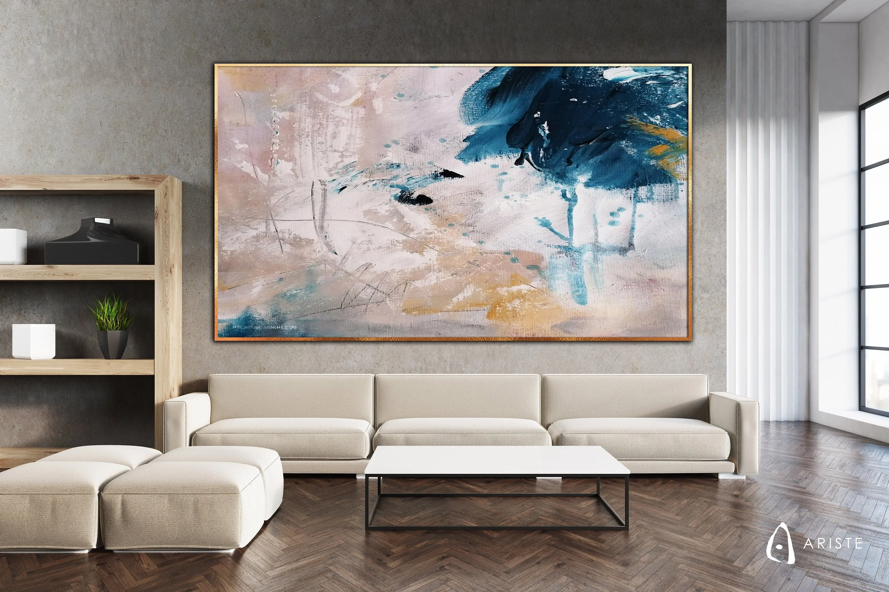 Beige & dark blue large canvas art made to order in a custom size