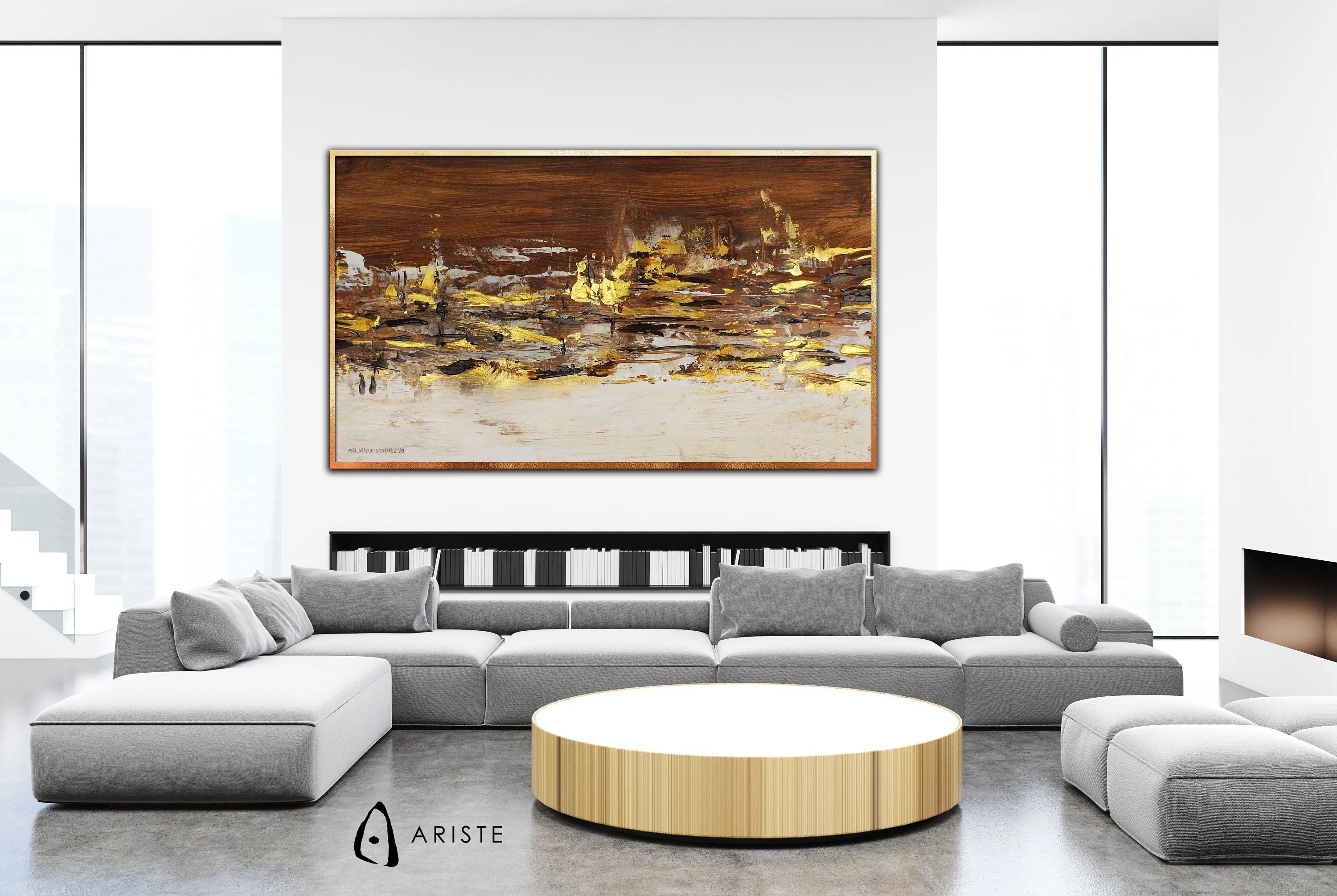 Beige & gold large abstract wall art made to order in a custom size