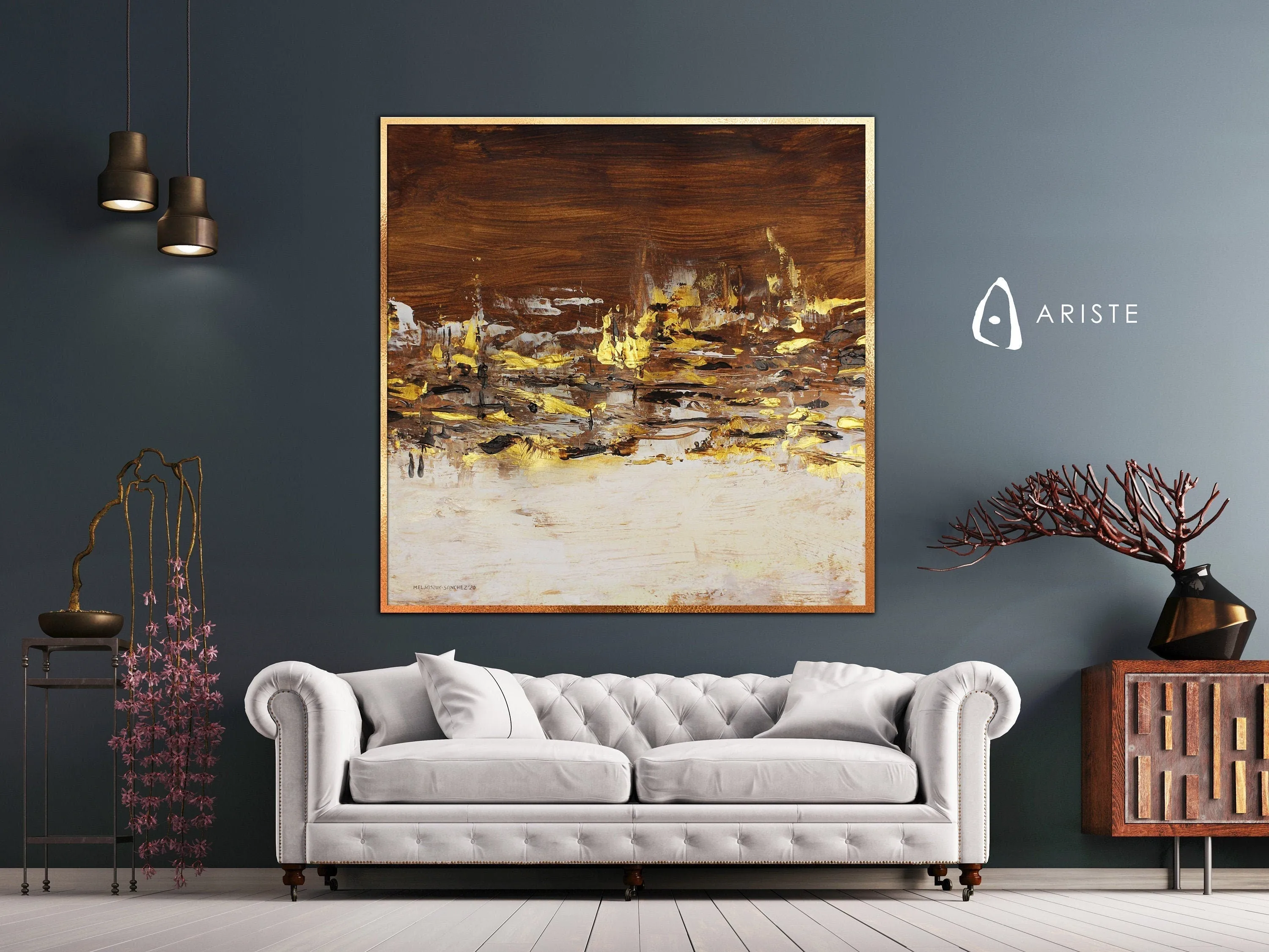 Beige & gold large abstract wall art made to order in a custom size