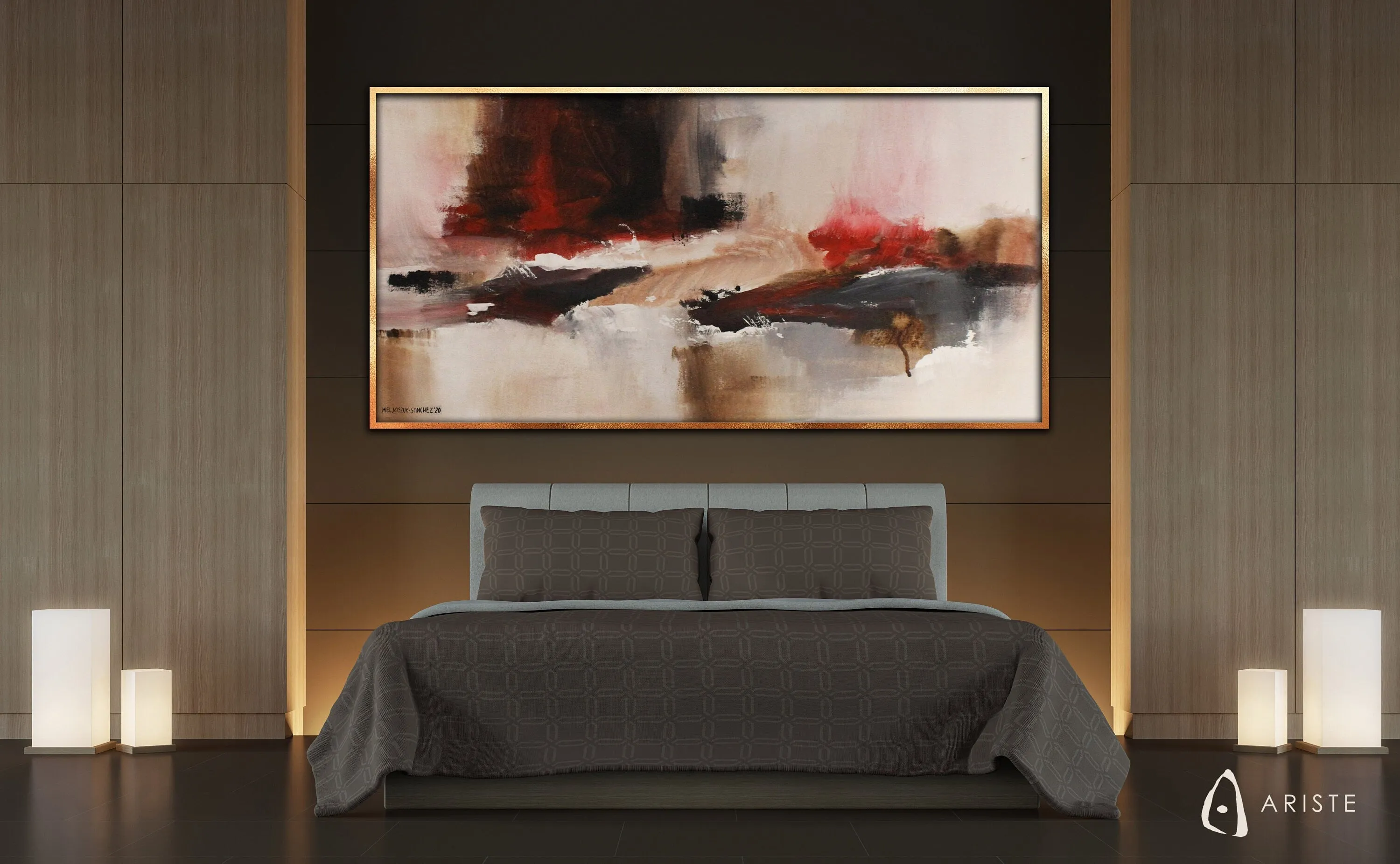 Beige & red abstract oversized wall art made to order in a custom size