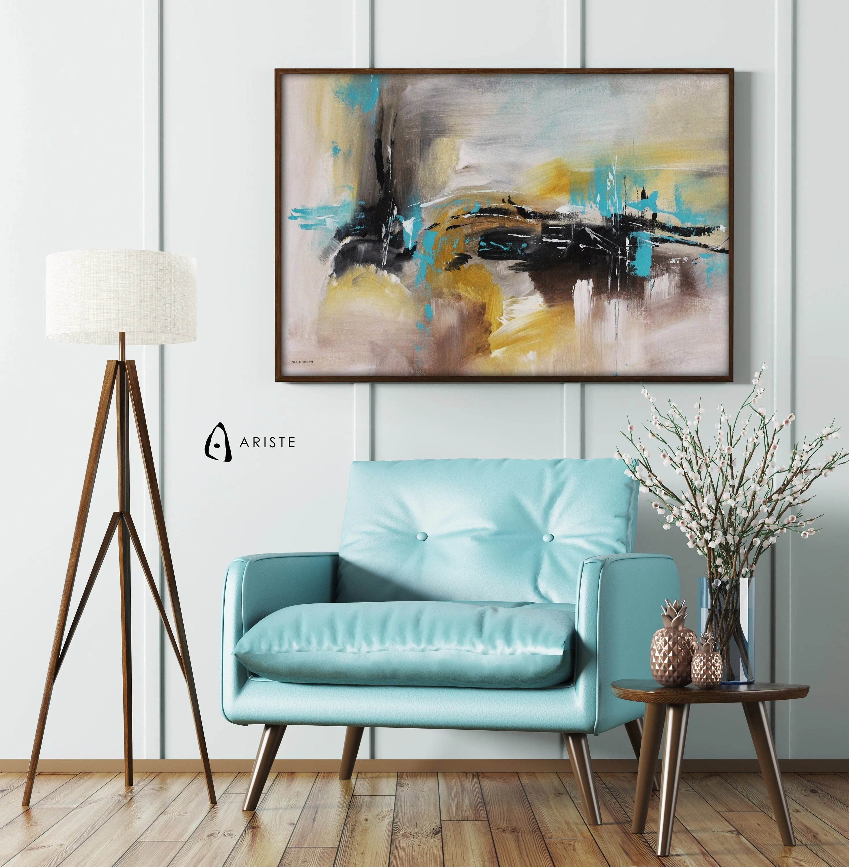 Beige, black & teal extra large canvas art made to order in a custom size