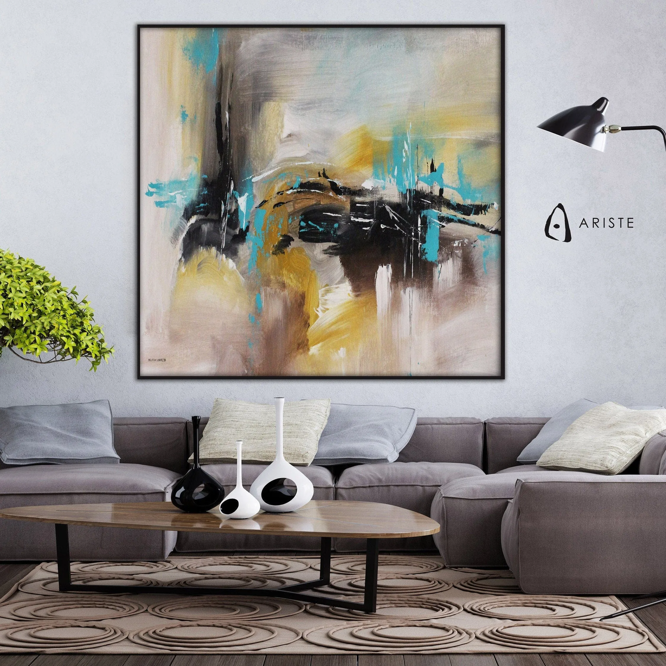 Beige, black & teal extra large canvas art made to order in a custom size