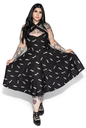 Black & Silver Bats Criss Cross Halter Flare Dress