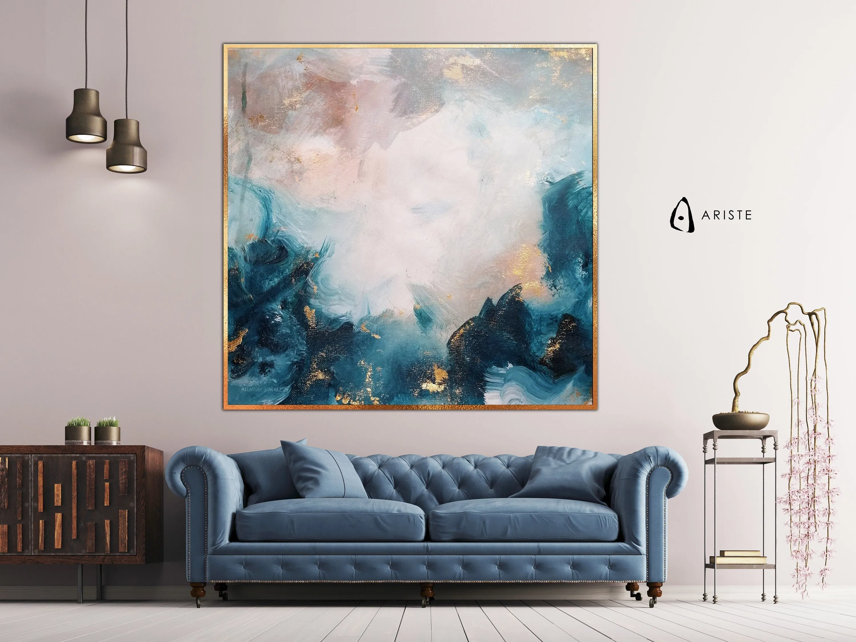 Blue & gold abstract canvas painting made to order in a custom size