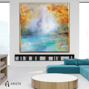 Blue & orange abstract landscape wall art made to order in a custom size