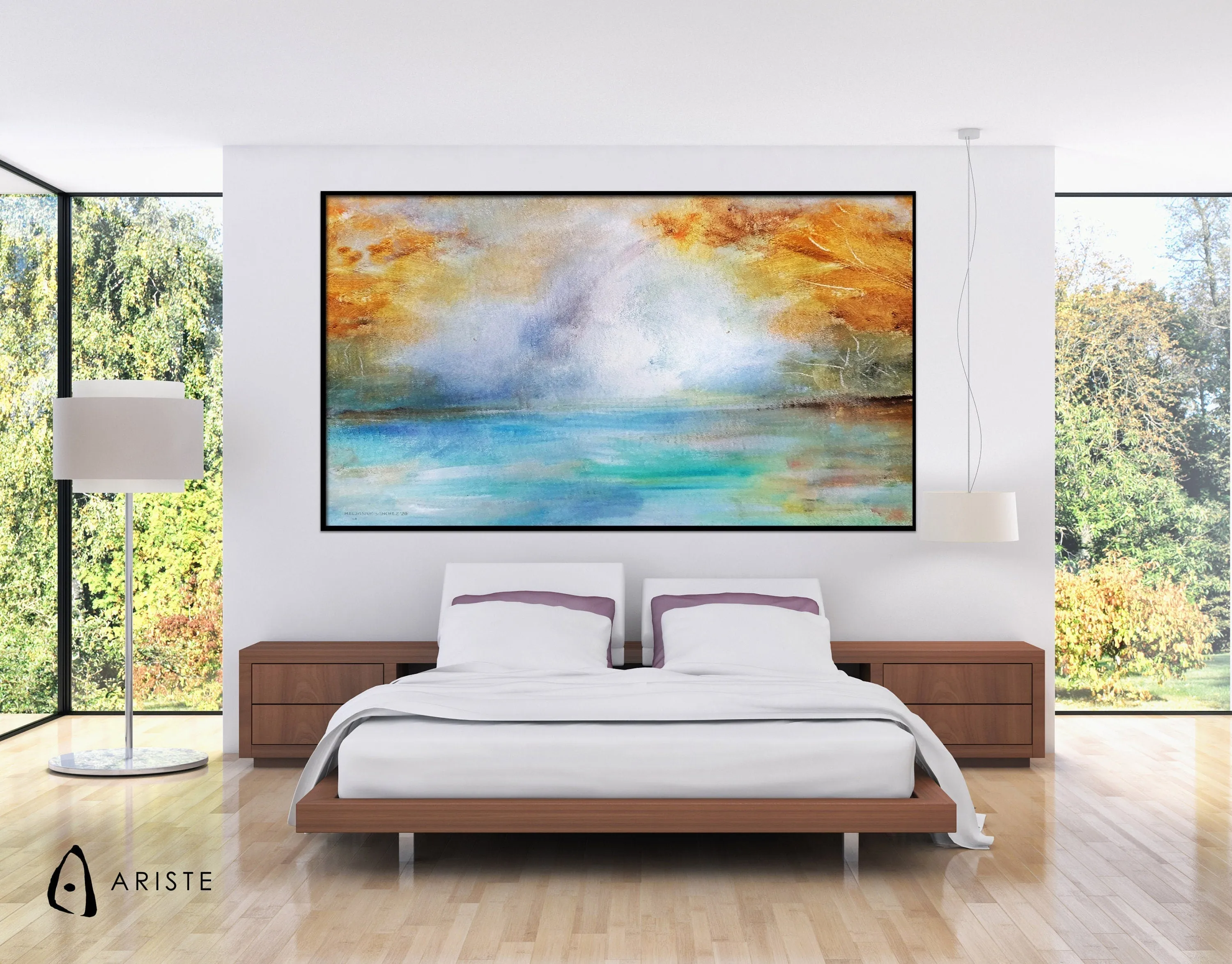 Blue & orange abstract landscape wall art made to order in a custom size