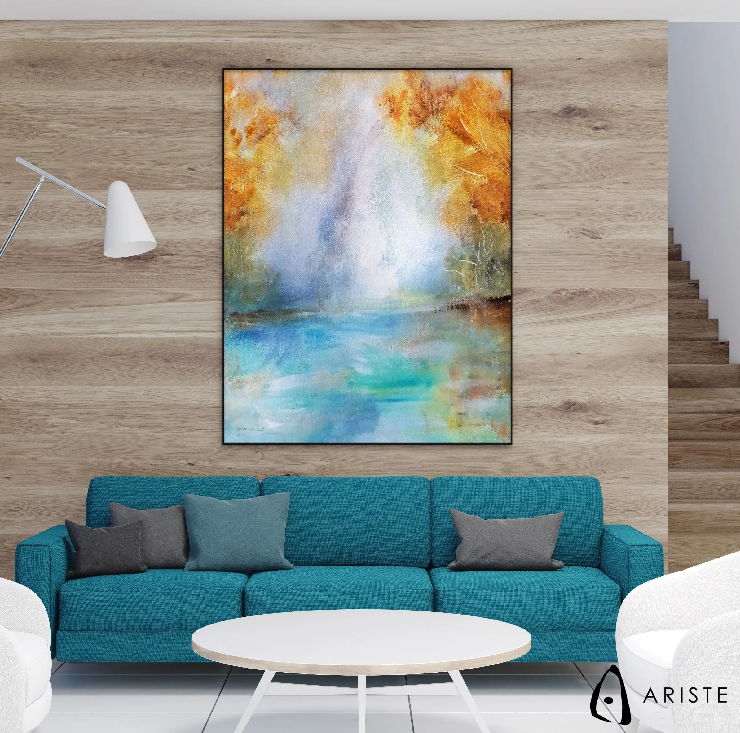 Blue & orange abstract landscape wall art made to order in a custom size