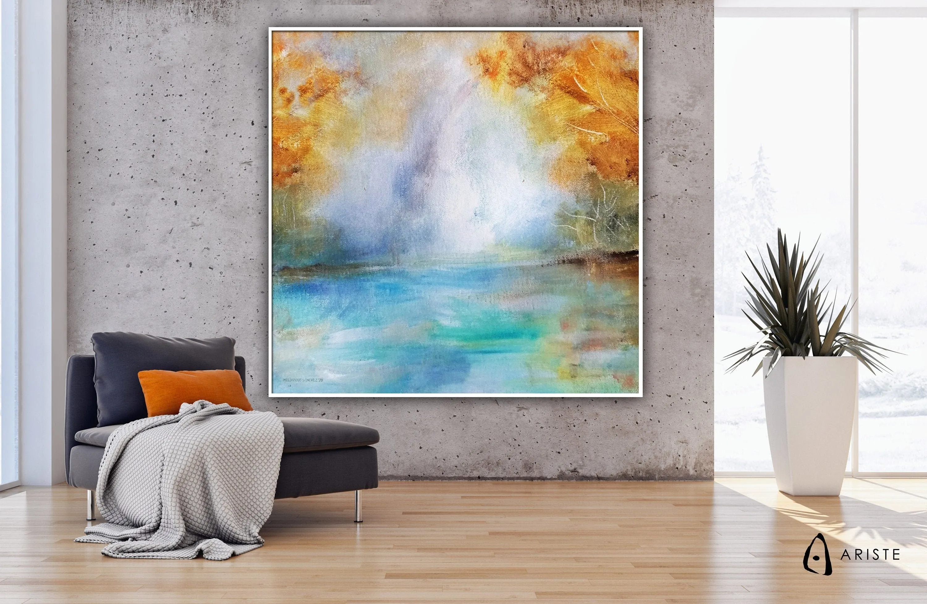 Blue & orange abstract landscape wall art made to order in a custom size