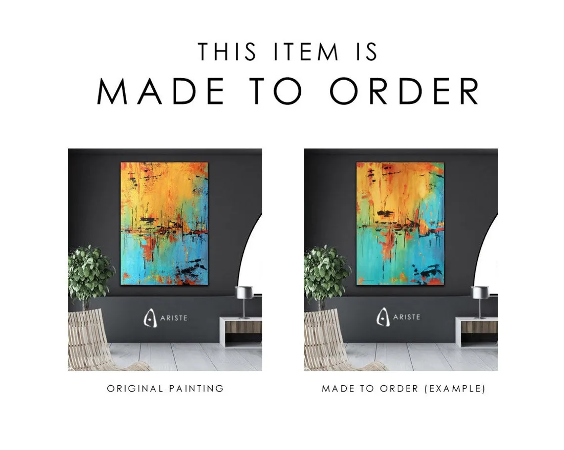 Blue & orange abstract landscape wall art made to order in a custom size