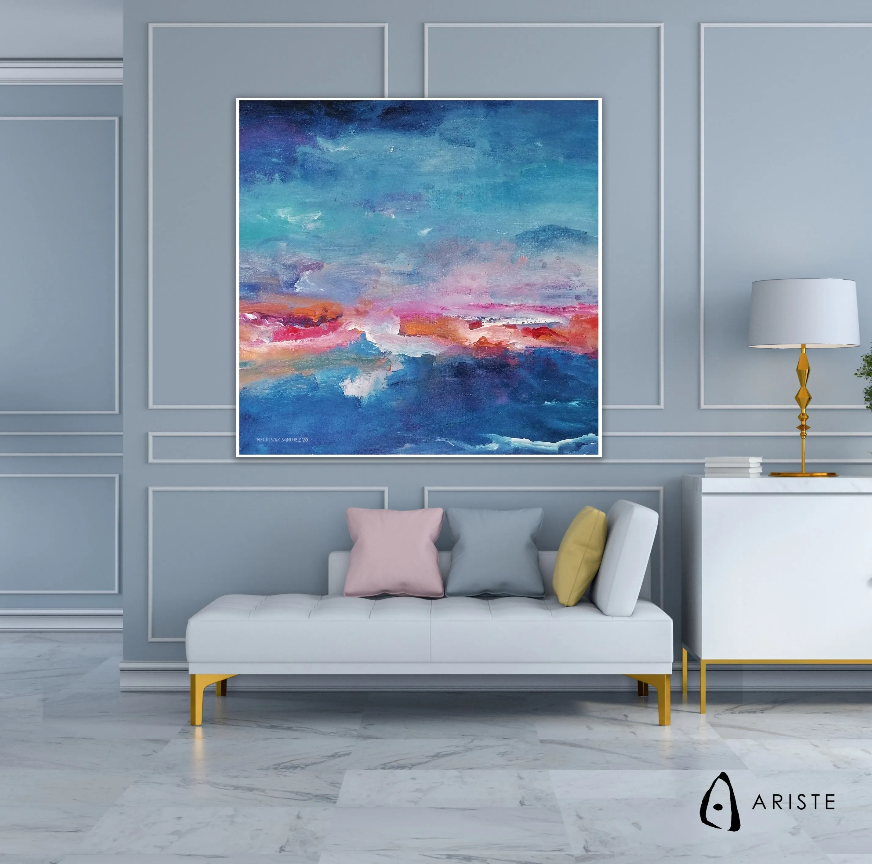 Blue & orange abstract oversized painting made to order in a custom size