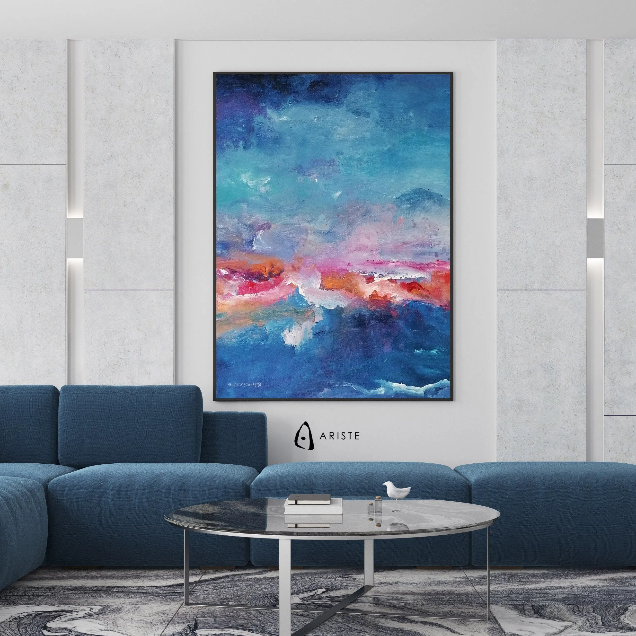 Blue & orange abstract oversized painting made to order in a custom size