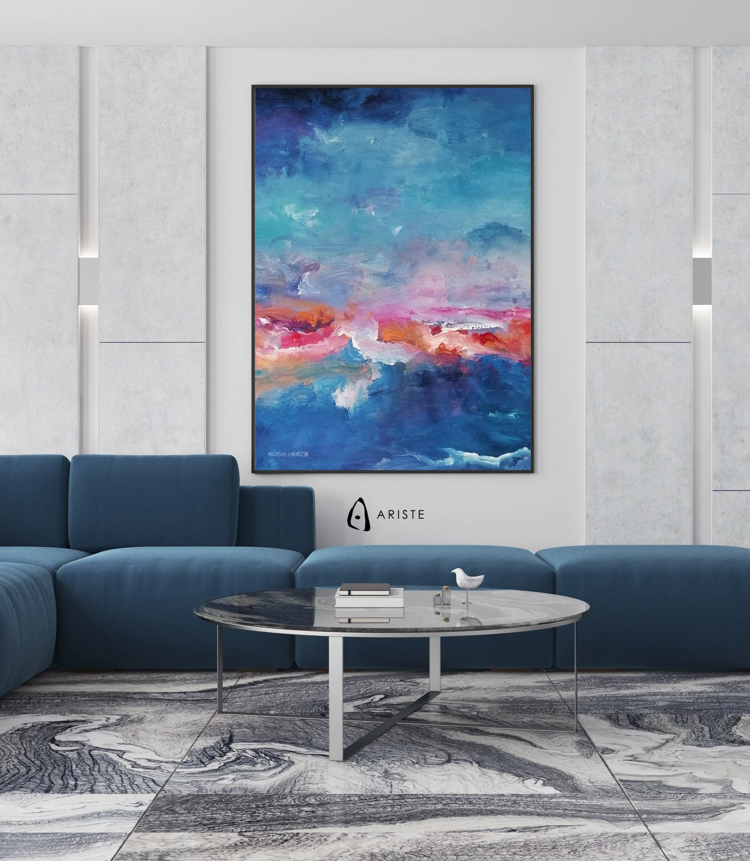 Blue & orange abstract oversized painting made to order in a custom size