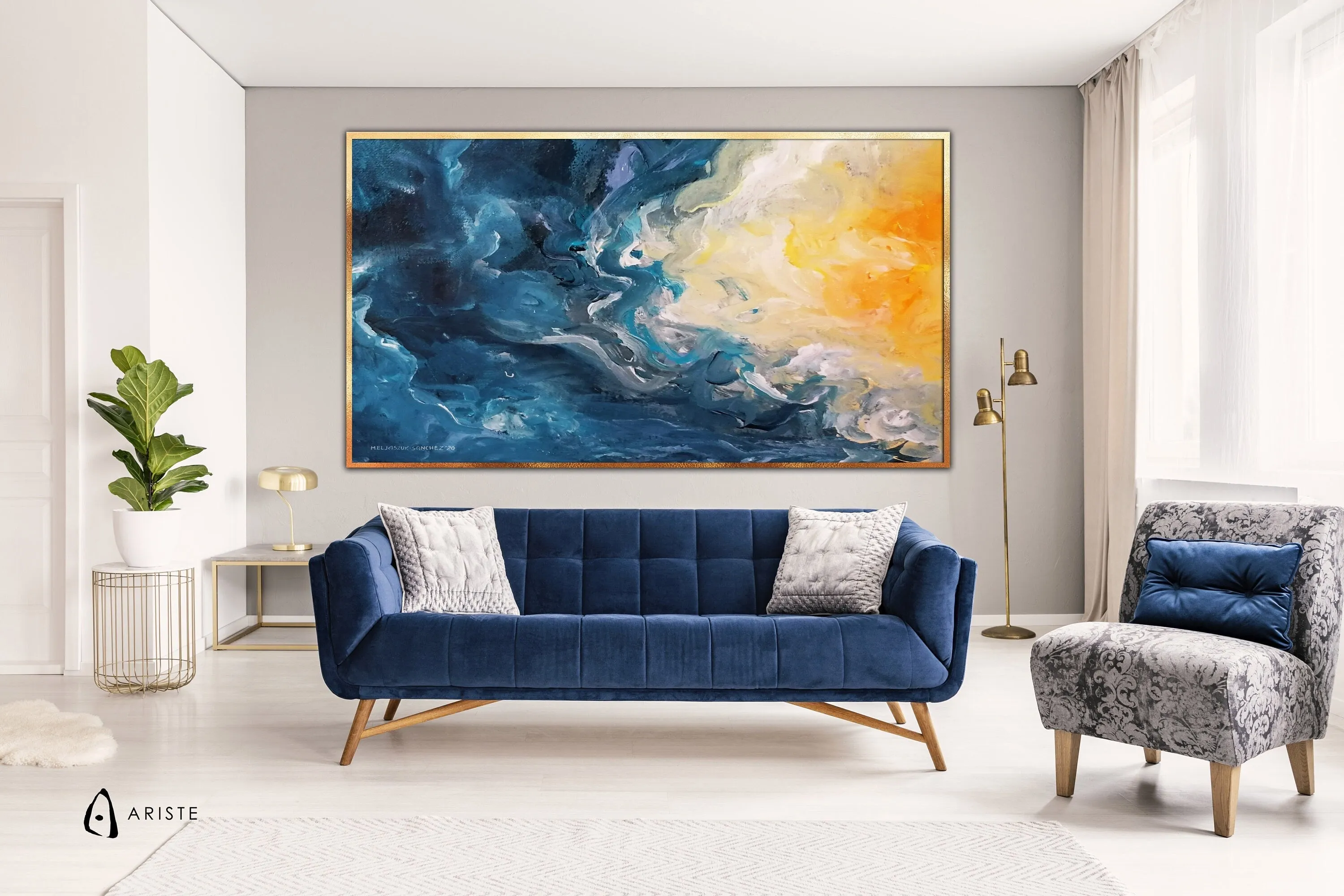 Blue & orange extra large abstract painting made to order in a custom size