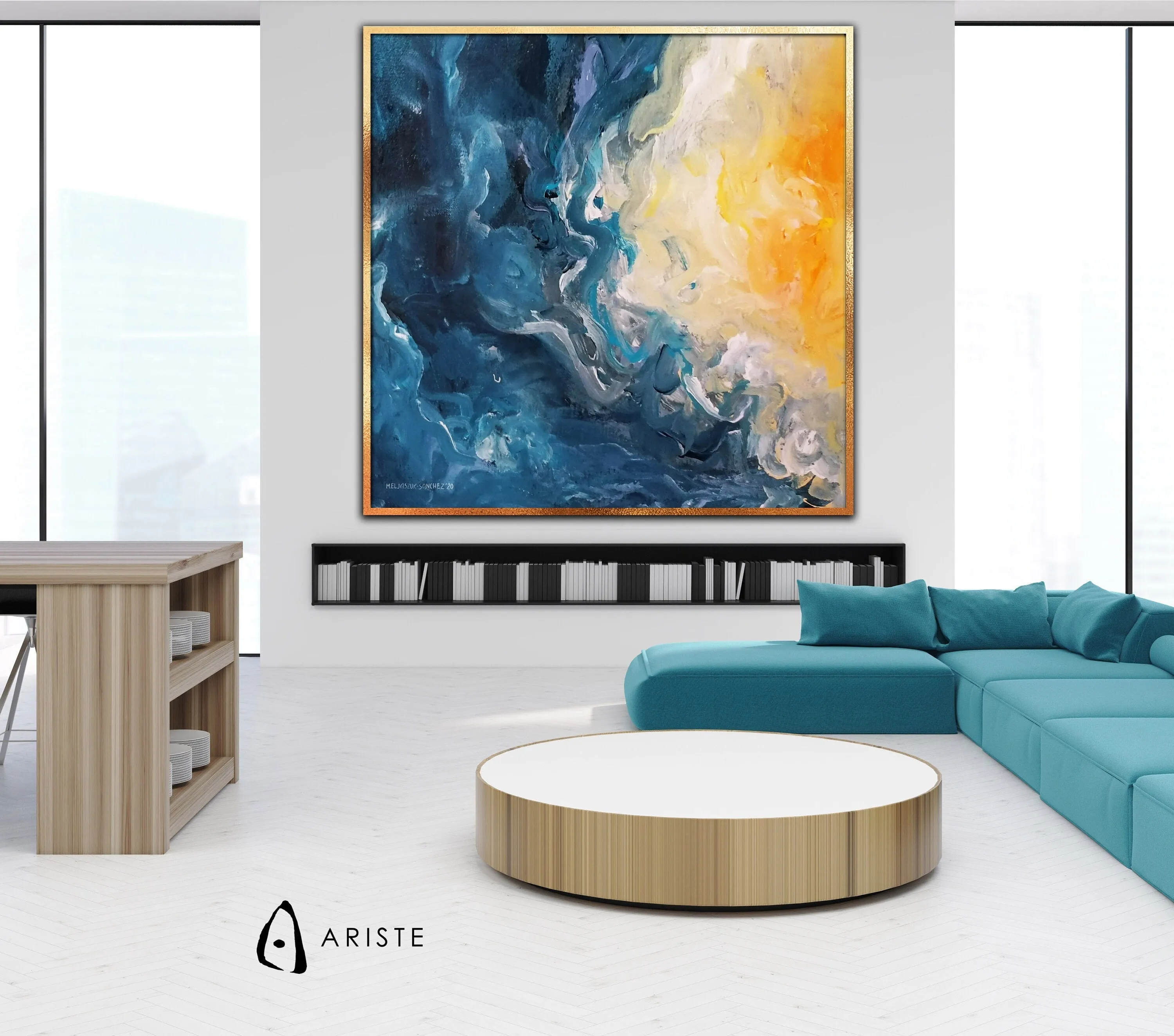 Blue & orange extra large abstract painting made to order in a custom size