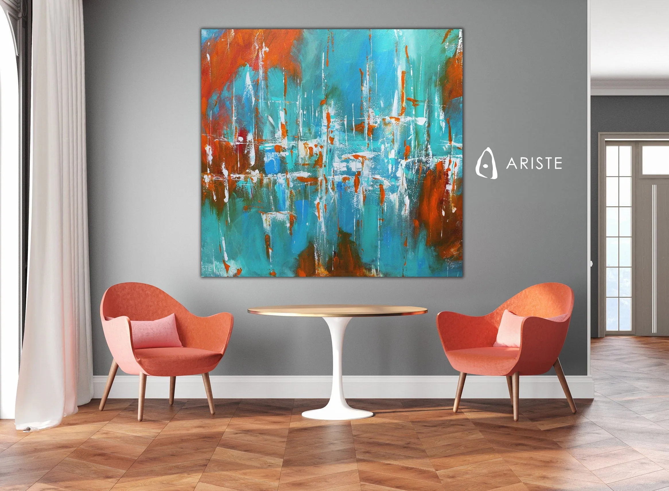 Blue & orange oversized abstract wall art made to order in a custom size