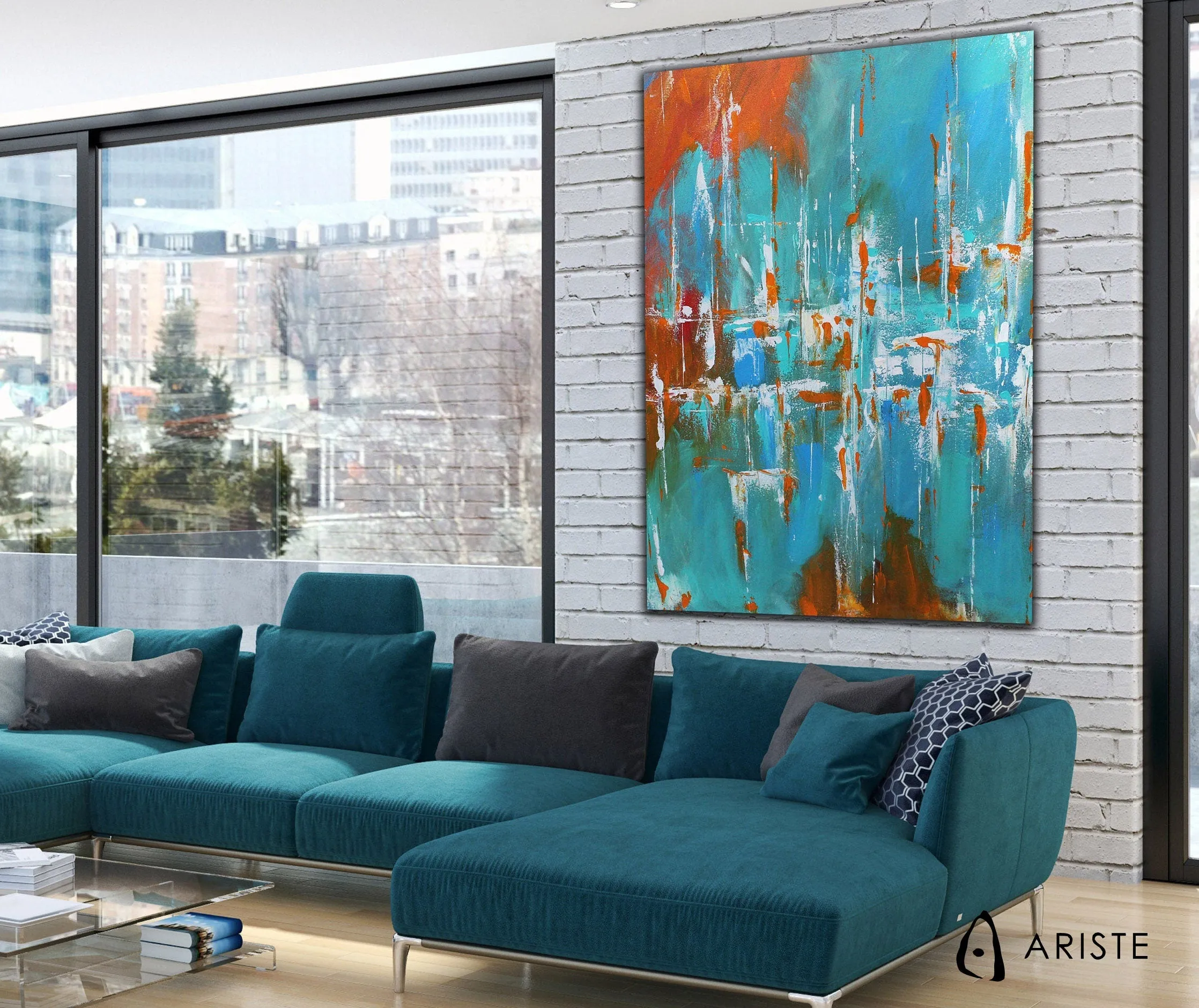 Blue & orange oversized abstract wall art made to order in a custom size