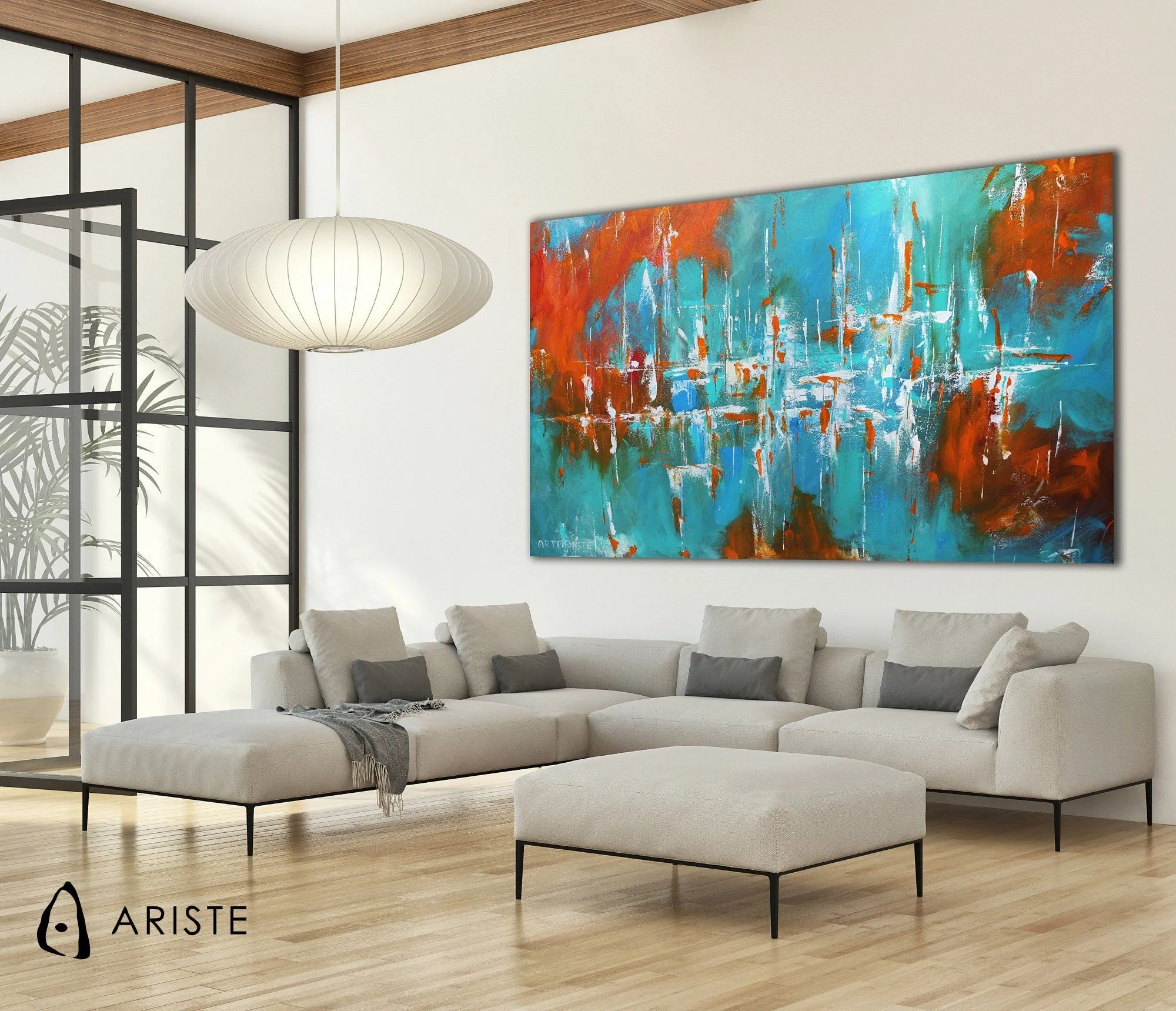 Blue & orange oversized abstract wall art made to order in a custom size