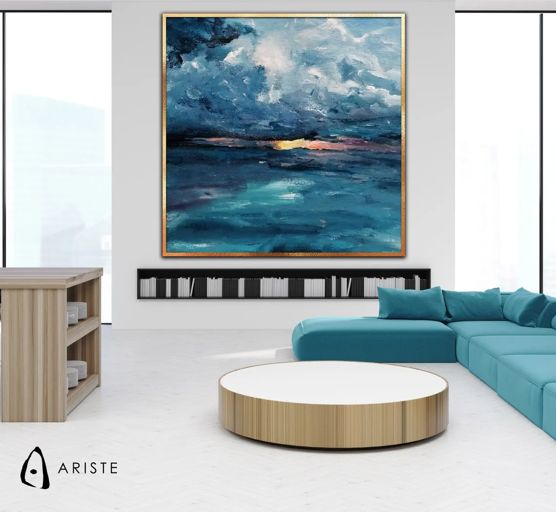 Blue & teal oversized abstract seascape wall art