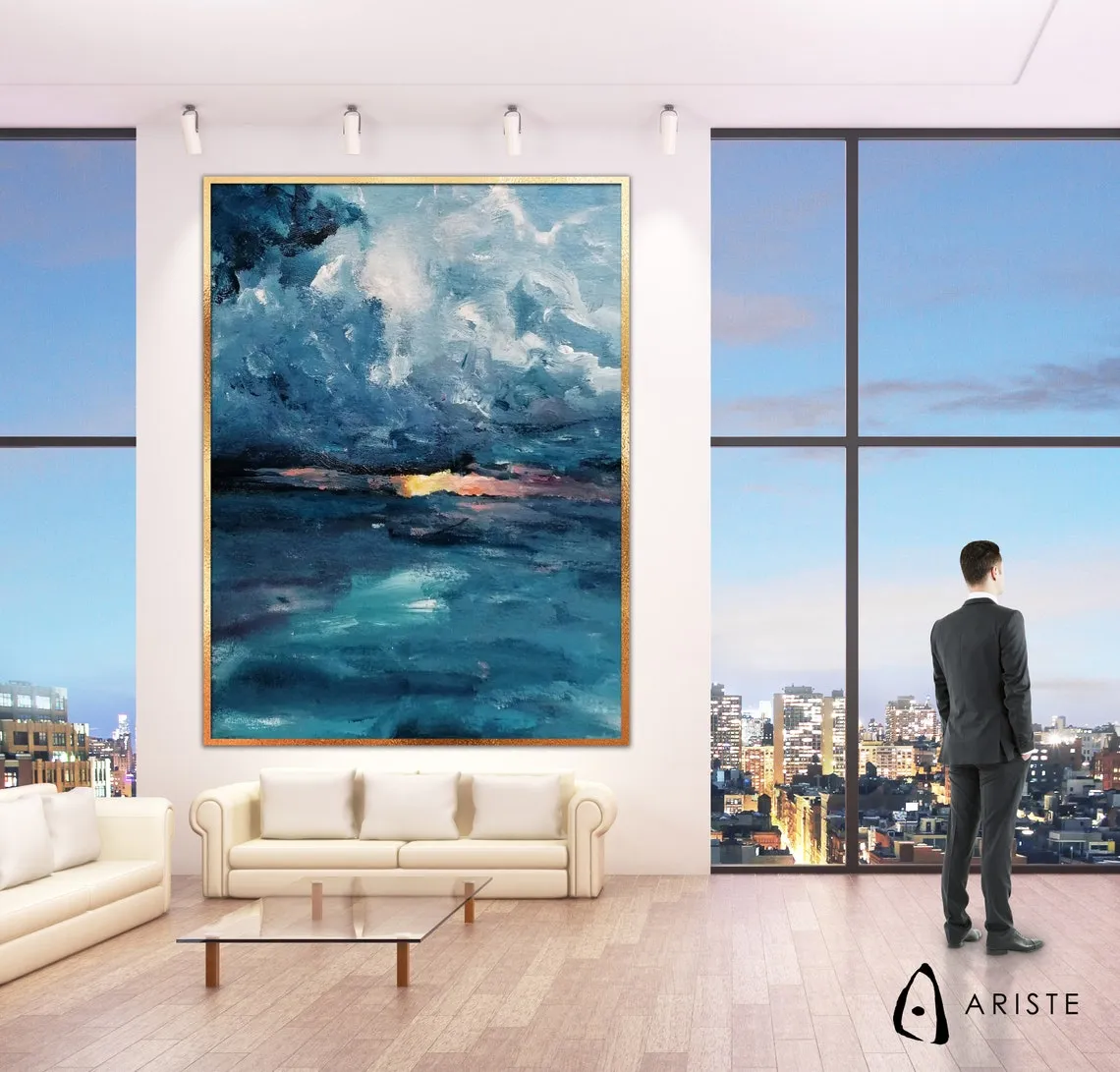 Blue & teal oversized abstract seascape wall art