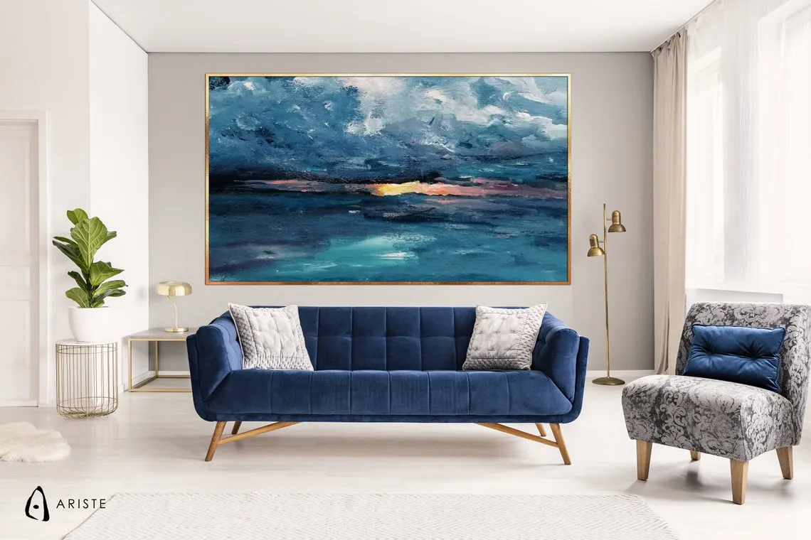 Blue & teal oversized abstract seascape wall art