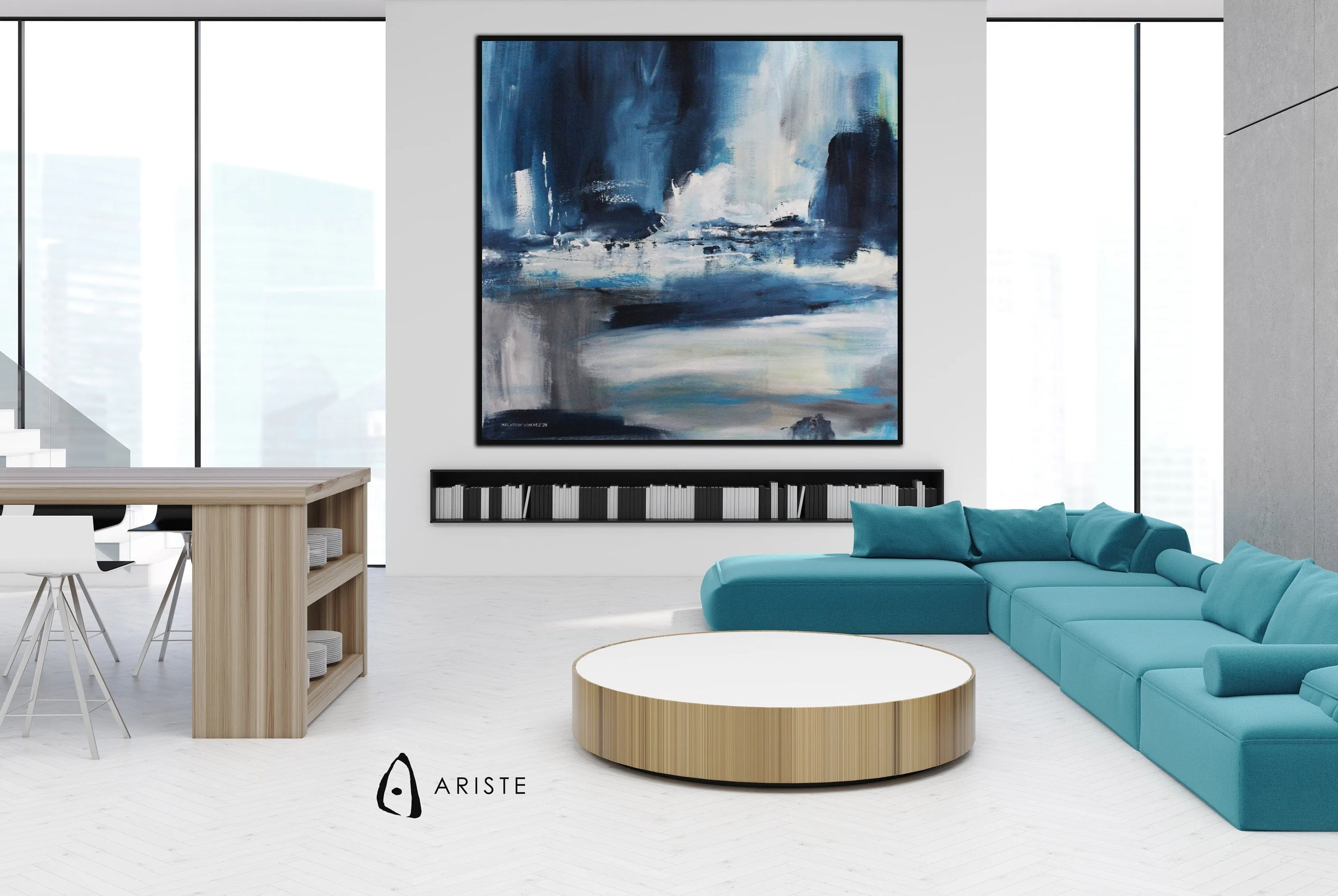 Blue & white abstract landscape wall art made to order in a custom size