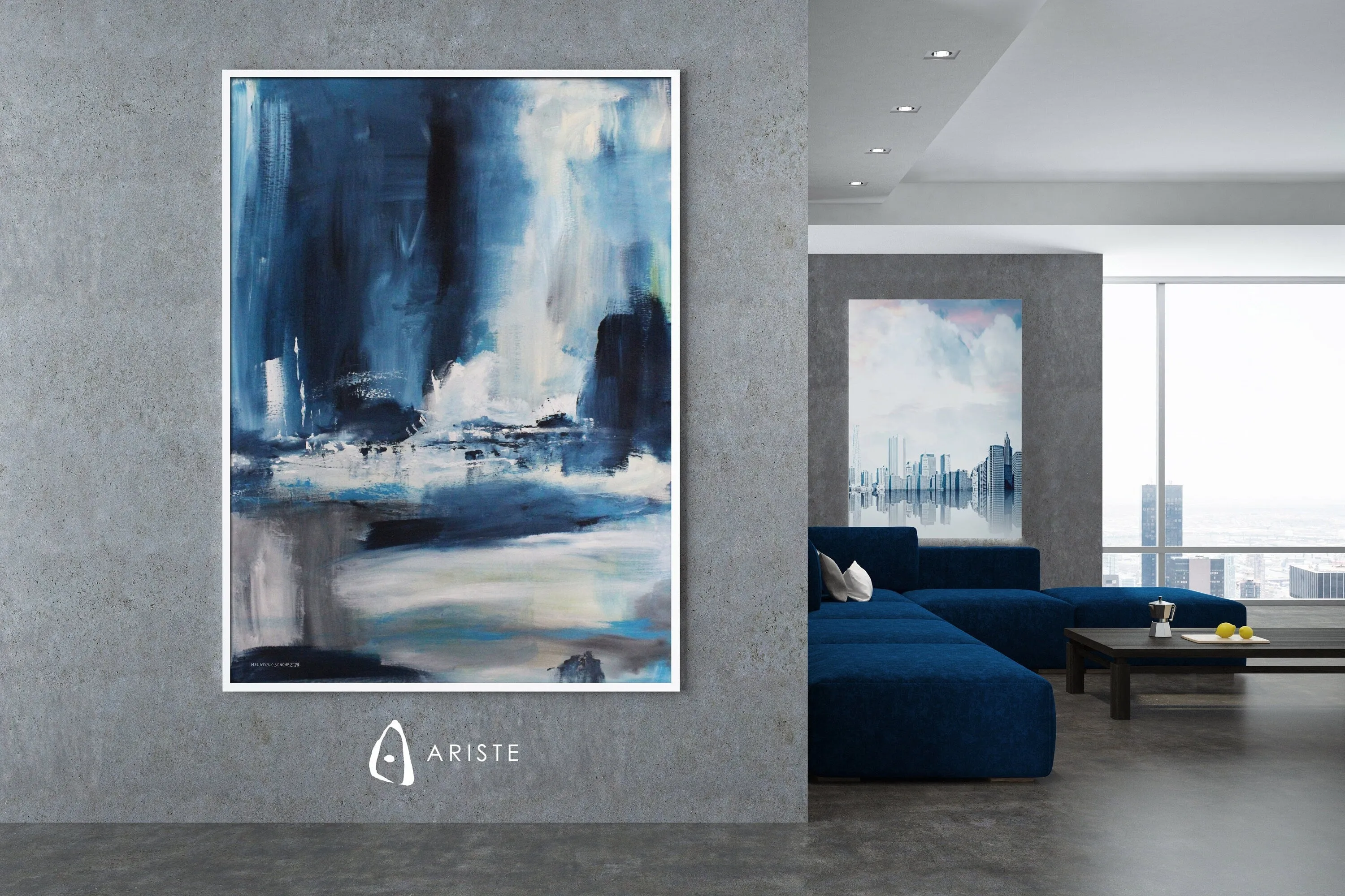 Blue & white abstract landscape wall art made to order in a custom size